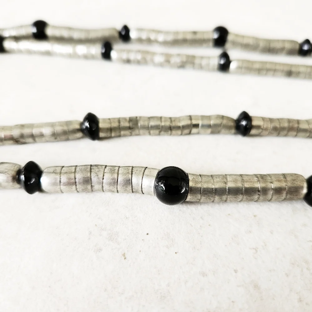 Double Strand Silvertone Stacked Serpentine Metal Cap and Black Beaded Necklace